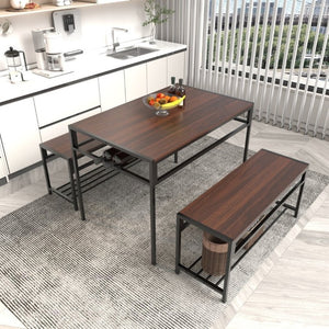 English Elm Industrial 3 Piece Dining Set with Built in Wine Rack and Bench Seating for Four W3064P529676