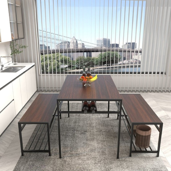 English Elm Industrial 3 Piece Dining Set with Built in Wine Rack and Bench Seating for Four W3064P529676