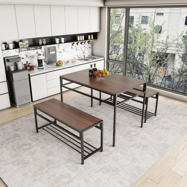 English Elm Industrial 3 Piece Dining Set with Built in Wine Rack and Bench Seating for Four W3064P529676