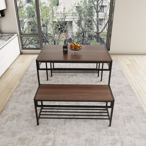 English Elm Industrial 3 Piece Dining Set with Built in Wine Rack and Bench Seating for Four W3064P529676