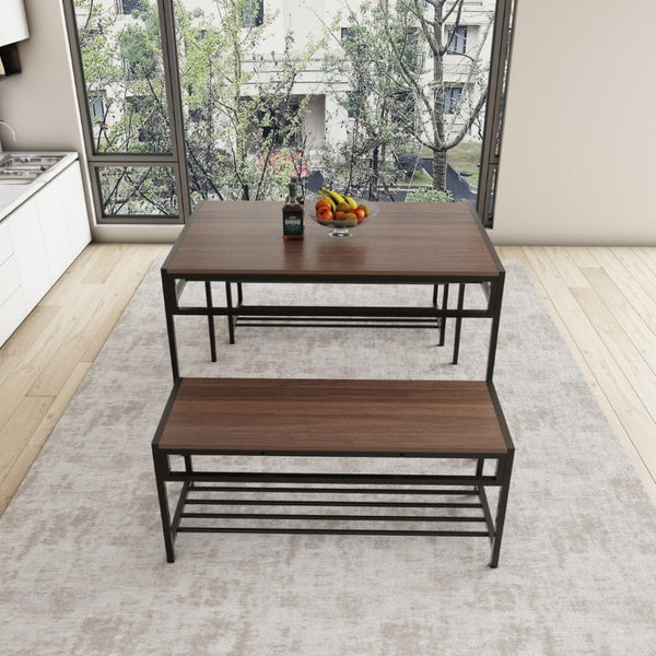 English Elm Industrial 3 Piece Dining Set with Built in Wine Rack and Bench Seating for Four W3064P529676