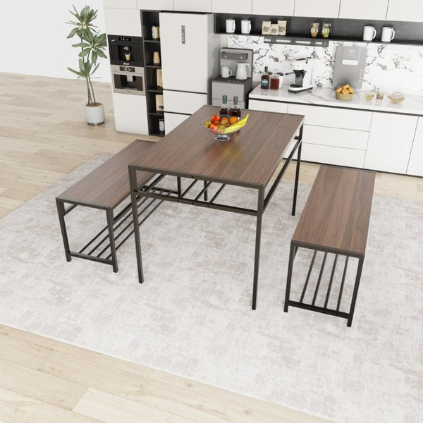 English Elm Industrial 3 Piece Dining Set with Built in Wine Rack and Bench Seating for Four W3064P529676