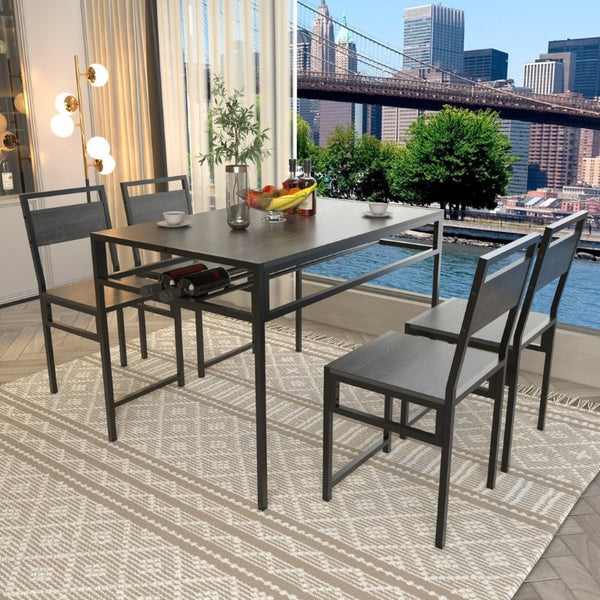 English Elm 4-Piece Industrial Dining Set with Wine Rack Dark Wood Grain and Matte Black Metal Frame W3064P530172