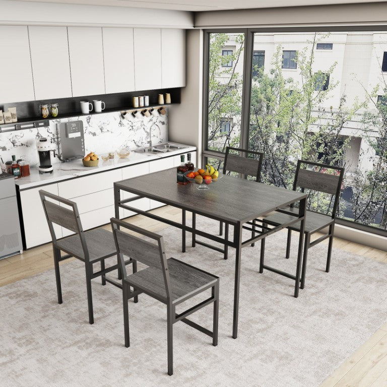 English Elm 4-Piece Industrial Dining Set with Wine Rack Dark Wood Grain and Matte Black Metal Frame W3064P530172