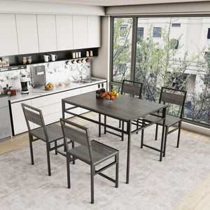 English Elm 4-Piece Industrial Dining Set with Wine Rack Dark Wood Grain and Matte Black Metal Frame W3064P530172