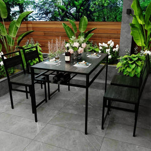 English Elm 4-Piece Industrial Dining Set with Wine Rack Dark Wood Grain and Matte Black Metal Frame W3064P530172