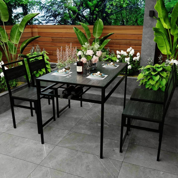 English Elm 4-Piece Industrial Dining Set with Wine Rack Dark Wood Grain and Matte Black Metal Frame W3064P530172