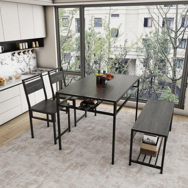 English Elm 5 Piece Industrial Dining Set with Wine Rack Bench and Ladder Back Chairs for Small Spaces W3064P530180