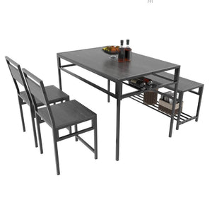 English Elm 5 Piece Industrial Dining Set with Wine Rack Bench and Ladder Back Chairs for Small Spaces W3064P530180