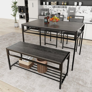 English Elm 5 Piece Industrial Dining Set with Wine Rack Bench and Ladder Back Chairs for Small Spaces W3064P530180