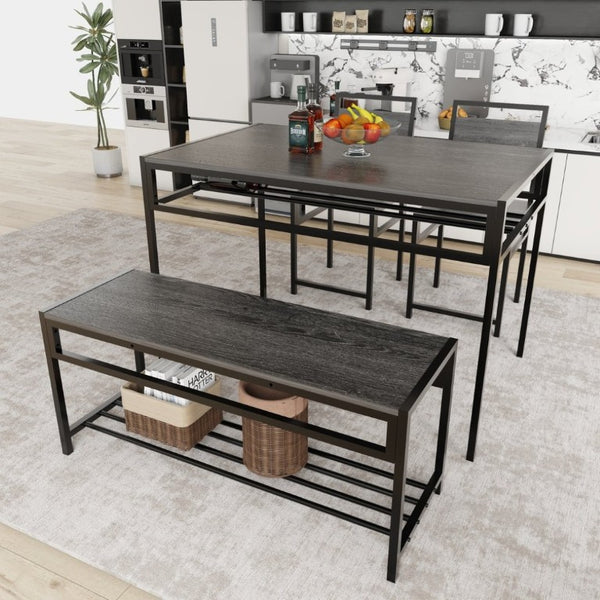 English Elm 5 Piece Industrial Dining Set with Wine Rack Bench and Ladder Back Chairs for Small Spaces W3064P530180