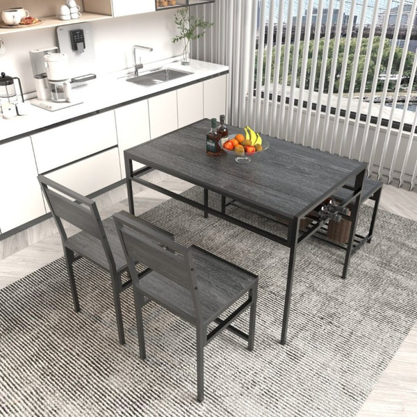 English Elm 5 Piece Industrial Dining Set with Wine Rack Bench and Ladder Back Chairs for Small Spaces W3064P530180