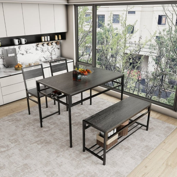 English Elm 5 Piece Industrial Dining Set with Wine Rack Bench and Ladder Back Chairs for Small Spaces W3064P530180