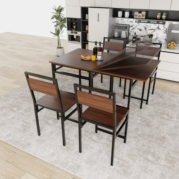 English Elm Extendable Dining Table and 6 Chairs Walnut Grain Black Iron Frame Industrial Set Table Set for 4 with 4 Chairs W3064P536650