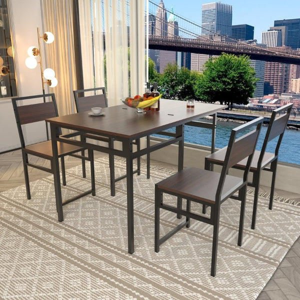 English Elm Extendable Dining Table and 6 Chairs Walnut Grain Black Iron Frame Industrial Set Table Set for 4 with 4 Chairs W3064P536650