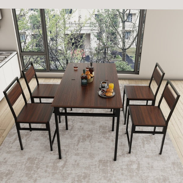 English Elm Extendable Dining Table and 6 Chairs Walnut Grain Black Iron Frame Industrial Set Table Set for 4 with 4 Chairs W3064P536650