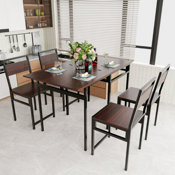 English Elm Extendable Dining Table and 6 Chairs Walnut Grain Black Iron Frame Industrial Set Table Set for 4 with 4 Chairs W3064P536650