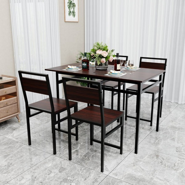 English Elm Extendable Dining Table and 6 Chairs Walnut Grain Black Iron Frame Industrial Set Table Set for 4 with 4 Chairs W3064P536650