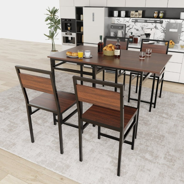 English Elm Extendable Dining Table and 6 Chairs Walnut Grain Black Iron Frame Industrial Set Table Set for 4 with 4 Chairs W3064P536650