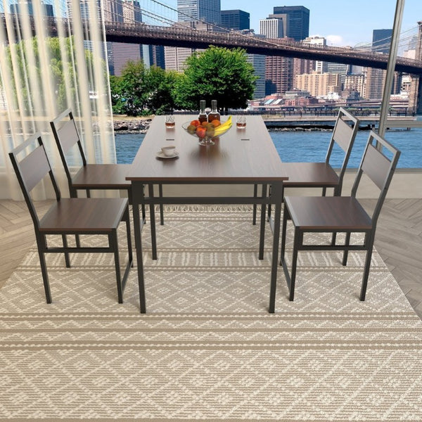English Elm Extendable Dining Table and 6 Chairs Walnut Grain Black Iron Frame Industrial Set Table Set for 4 with 4 Chairs W3064P536650