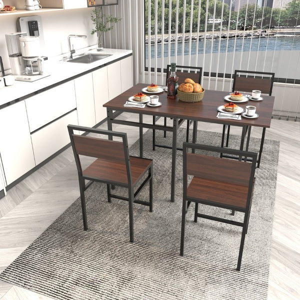 English Elm Extendable Dining Table and 6 Chairs Walnut Grain Black Iron Frame Industrial Set Table Set for 4 with 4 Chairs W3064P536650