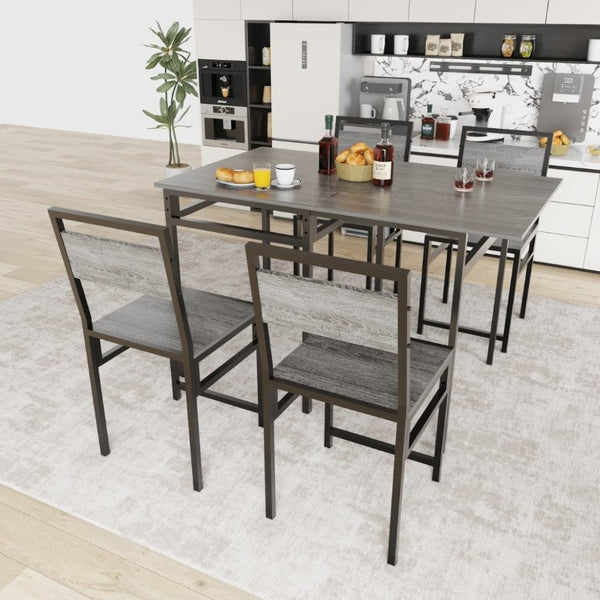 English Elm Extendable Industrial Dining Set Seats Six with Wood Grain Top and Matte Black Metal Frame W3064P536651