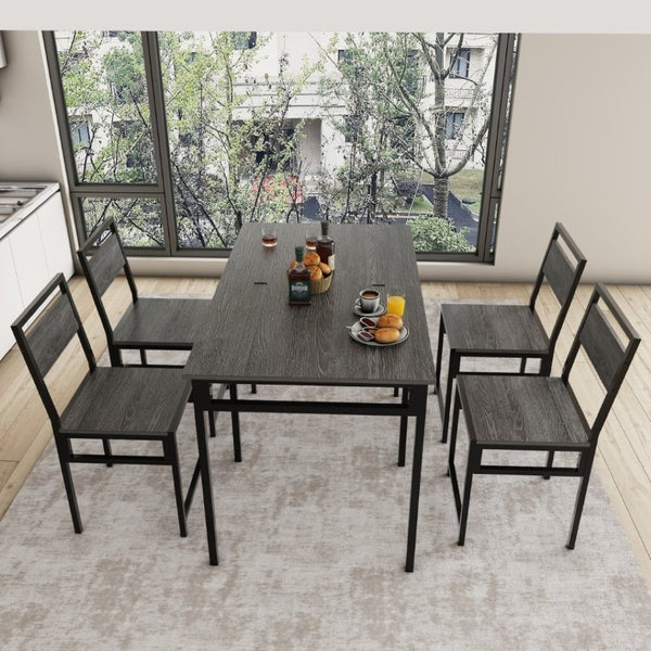 English Elm Extendable Industrial Dining Set Seats Six with Wood Grain Top and Matte Black Metal Frame W3064P536651