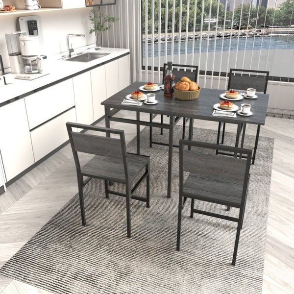 English Elm Extendable Industrial Dining Set Seats Six with Wood Grain Top and Matte Black Metal Frame W3064P536651