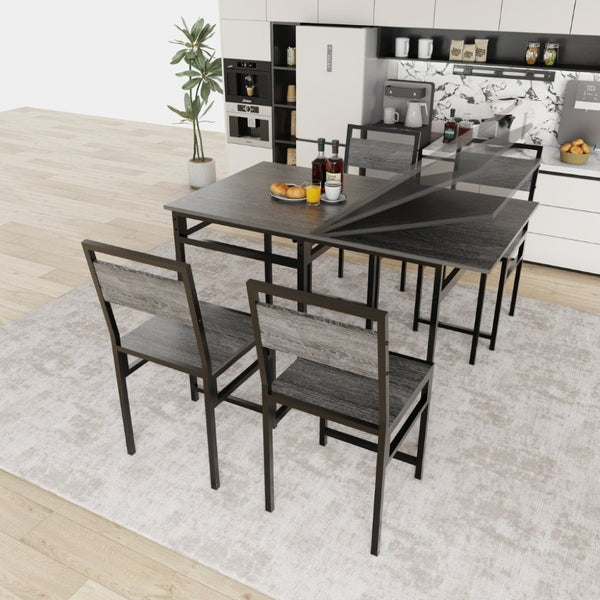 English Elm Extendable Industrial Dining Set Seats Six with Wood Grain Top and Matte Black Metal Frame W3064P536651