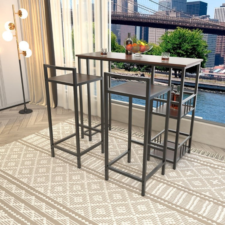 English Elm 3 Piece Industrial Counter Height Pub Set with Backless Stools and Built-In Wine Rack W3064P536655