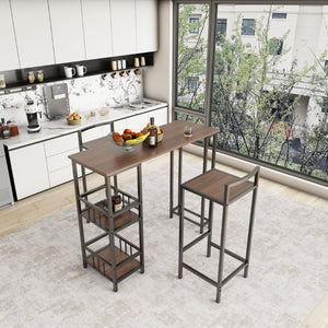 English Elm 3 Piece Industrial Counter Height Pub Set with Backless Stools and Built-In Wine Rack W3064P536655