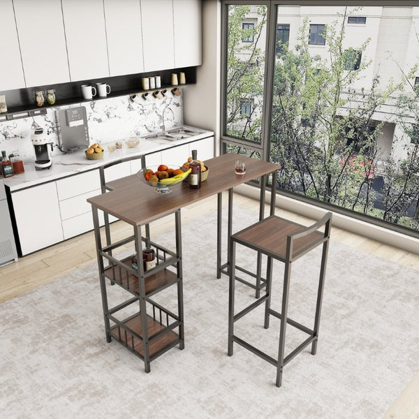 English Elm 3 Piece Industrial Counter Height Pub Set with Backless Stools and Built-In Wine Rack W3064P536655