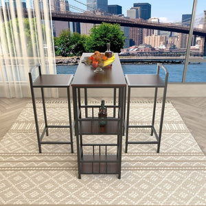 English Elm 3 Piece Industrial Counter Height Pub Set with Backless Stools and Built-In Wine Rack W3064P536655