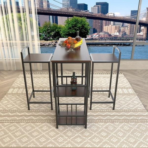 English Elm 3 Piece Industrial Counter Height Pub Set with Backless Stools and Built-In Wine Rack W3064P536655