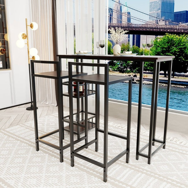 English Elm 3 Piece Industrial Counter Height Pub Set with Backless Stools and Built-In Wine Rack W3064P536655