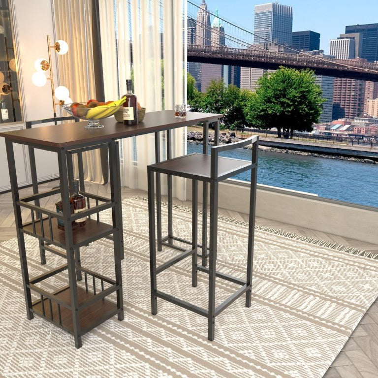 English Elm 3 Piece Industrial Counter Height Pub Set with Backless Stools and Built-In Wine Rack W3064P536655
