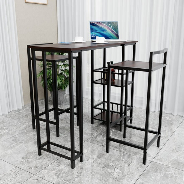 English Elm 3 Piece Industrial Counter Height Pub Set with Backless Stools and Built-In Wine Rack W3064P536655