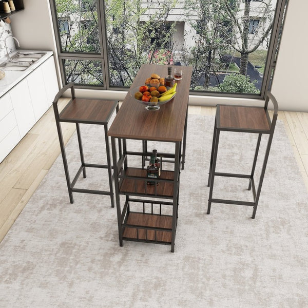 English Elm 3 Piece Industrial Counter Height Pub Set with Backless Stools and Built-In Wine Rack W3064P536655