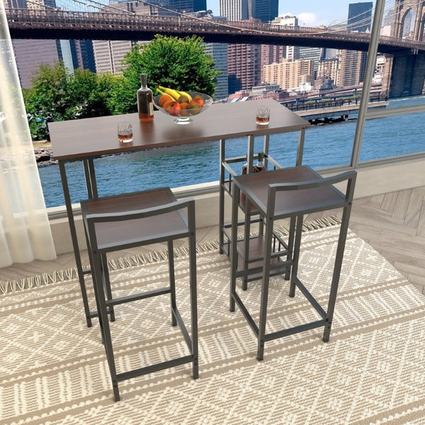 English Elm 3 Piece Industrial Counter Height Pub Set with Backless Stools and Built-In Wine Rack W3064P536655