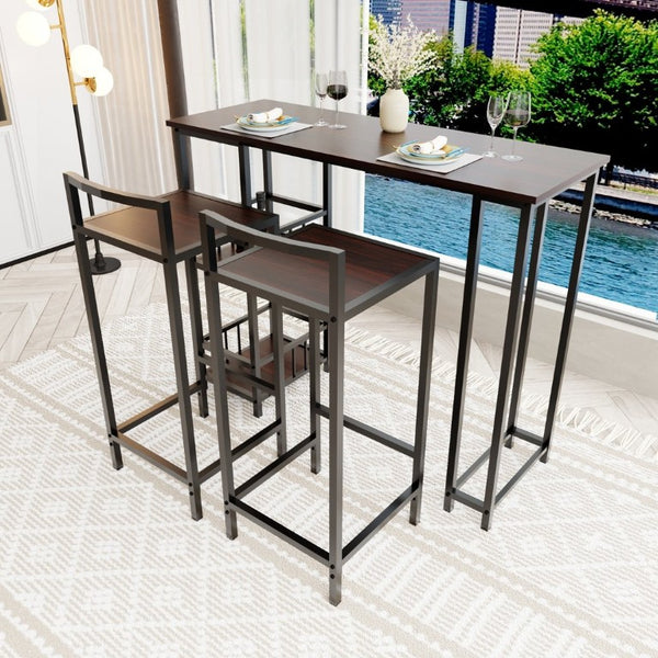 English Elm 3 Piece Industrial Counter Height Pub Set with Backless Stools and Built-In Wine Rack W3064P536655