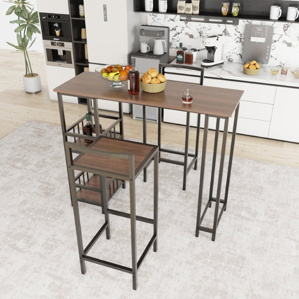 English Elm 3 Piece Industrial Counter Height Pub Set with Backless Stools and Built-In Wine Rack W3064P536655