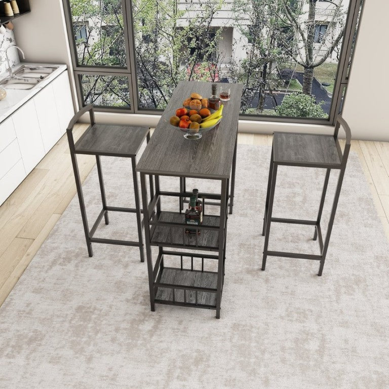 English Elm 3 Piece Industrial Pub Set with Built-In Shelving Backless Stools and Steel Frame W3064P536656