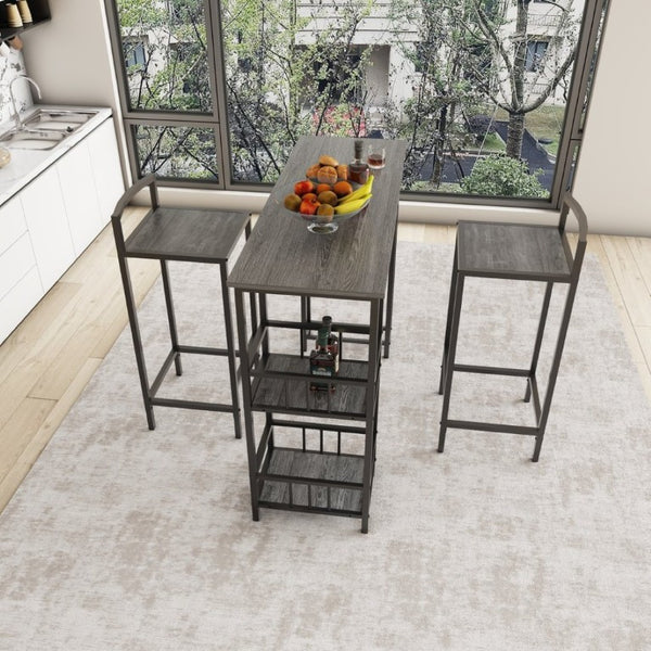 English Elm 3 Piece Industrial Pub Set with Built-In Shelving Backless Stools and Steel Frame W3064P536656