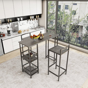 English Elm 3 Piece Industrial Pub Set with Built-In Shelving Backless Stools and Steel Frame W3064P536656
