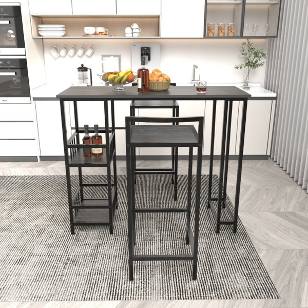 English Elm 3 Piece Industrial Pub Set with Built-In Shelving Backless Stools and Steel Frame W3064P536656