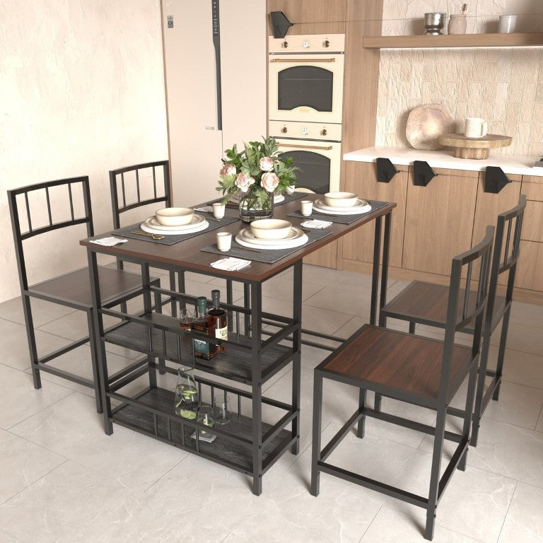 English Elm 5 Piece Industrial Dining Set with Built-In Shelving Dark Wood Grain Matte Black Frame W3064P536657