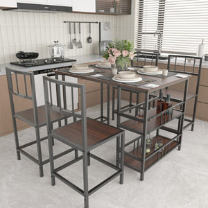 English Elm 5 Piece Industrial Dining Set with Built-In Shelving Dark Wood Grain Matte Black Frame W3064P536657