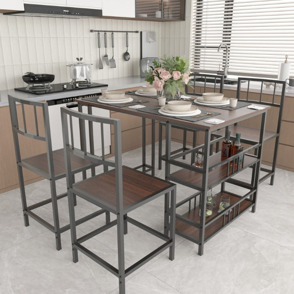 English Elm 5 Piece Industrial Dining Set with Built-In Shelving Dark Wood Grain Matte Black Frame W3064P536657