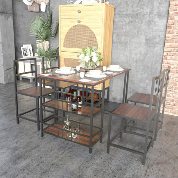 English Elm 5 Piece Industrial Dining Set with Built-In Shelving Dark Wood Grain Matte Black Frame W3064P536657
