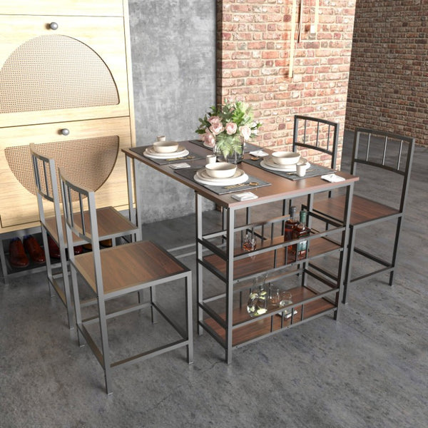 English Elm 5 Piece Industrial Dining Set with Built-In Shelving Dark Wood Grain Matte Black Frame W3064P536657